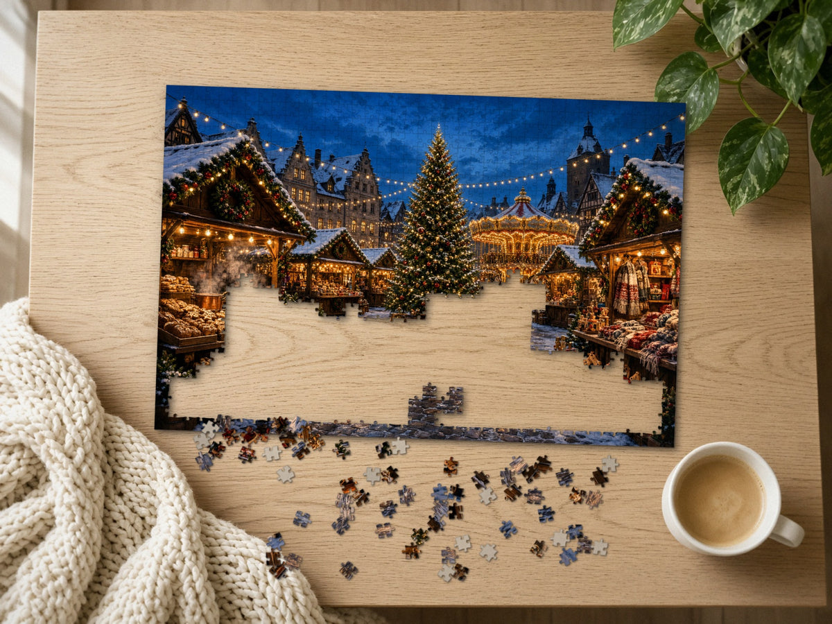 The Market Under a Thousand Lights 1014 piece puzzle half assembled on a light oak table, loose pieces scattered beside a chunky knit throw, a latte and a trailing plant