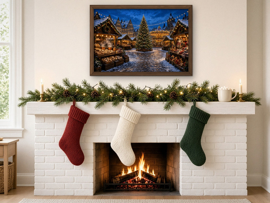 The Market Under a Thousand Lights 1014 piece puzzle assembled, framed in dark wood above a white brick fireplace with a pine garland and red, cream and green stockings