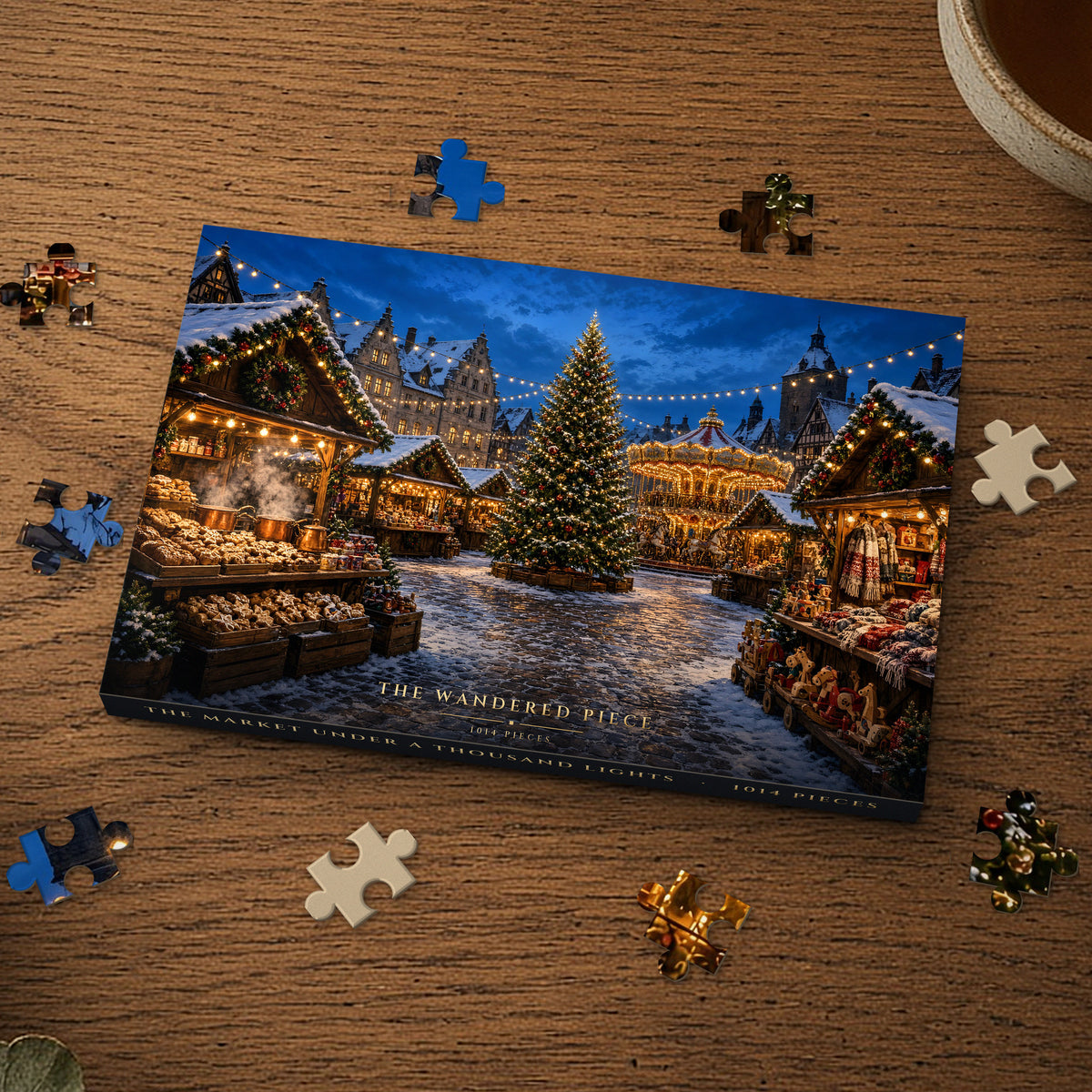 The Market Under a Thousand Lights 1014 piece puzzle box on a wood table with loose pieces, box design shown for illustration