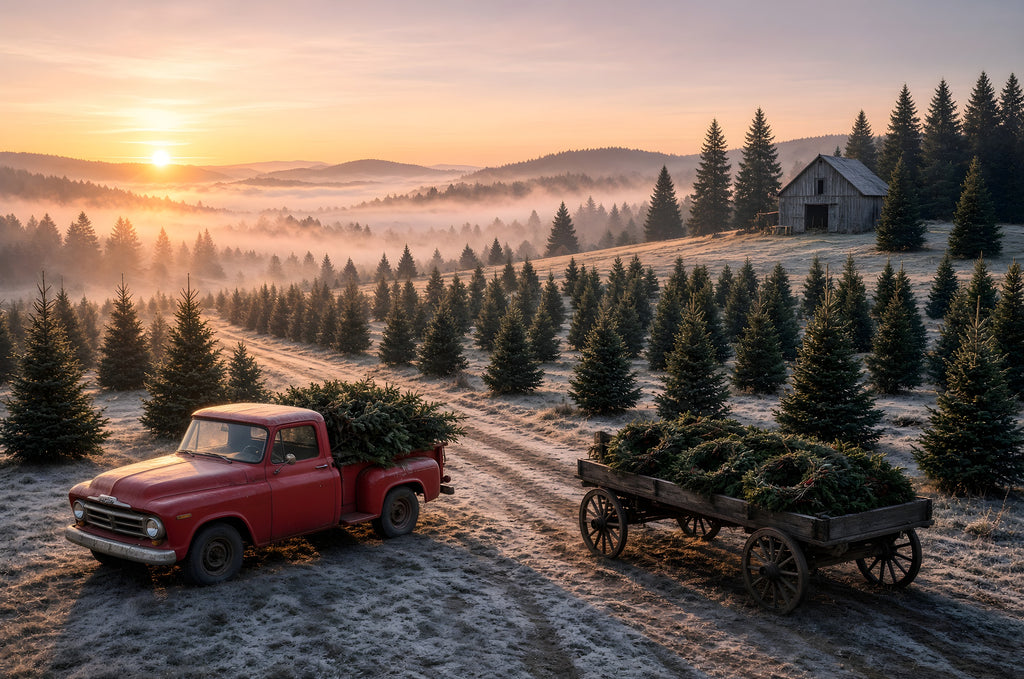 The Morning the Trees Went Home art puzzle: a frosty Christmas tree farm at sunrise, an old red pickup and a wooden wagon loaded with fresh-cut trees, rows of firs, a gray barn and mist in the valley