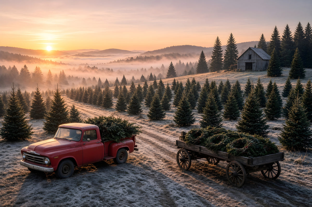The Morning the Trees Went Home art puzzle: a frosty Christmas tree farm at sunrise, an old red pickup and a wooden wagon loaded with fresh-cut trees, rows of firs, a gray barn and mist in the valley