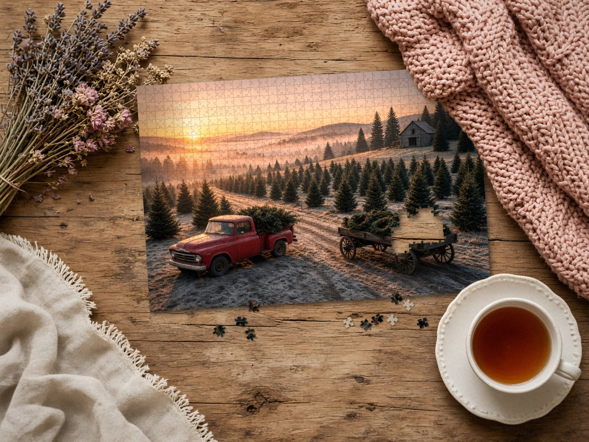 The Morning the Trees Went Home 1014 piece puzzle assembled on a rustic wood table with dried lavender, a pink knit blanket, a linen throw and a cup of tea, a few loose pieces nearby