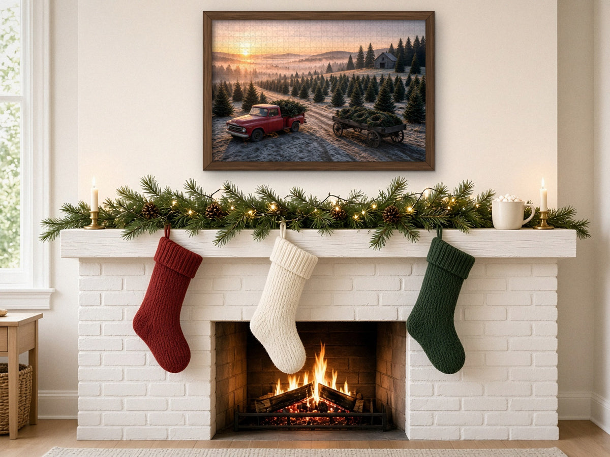 The Morning the Trees Went Home 1014 piece puzzle assembled, framed in dark wood above a white brick fireplace with a pine garland and red, cream and green stockings