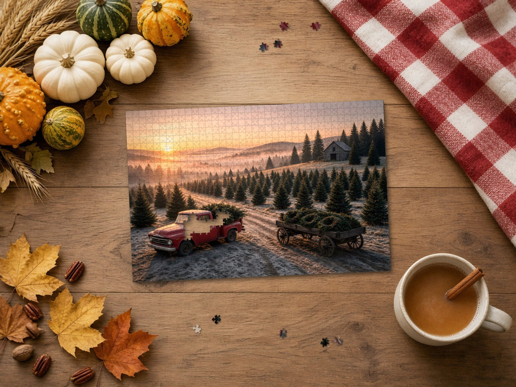 The Morning the Trees Went Home 1014 piece puzzle on a wood table with wheat, small pumpkins and gourds, a red gingham cloth, autumn leaves and a cinnamon latte