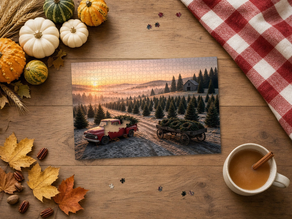 The Morning the Trees Went Home 1014 piece puzzle on a wood table with wheat, small pumpkins and gourds, a red gingham cloth, autumn leaves and a cinnamon latte