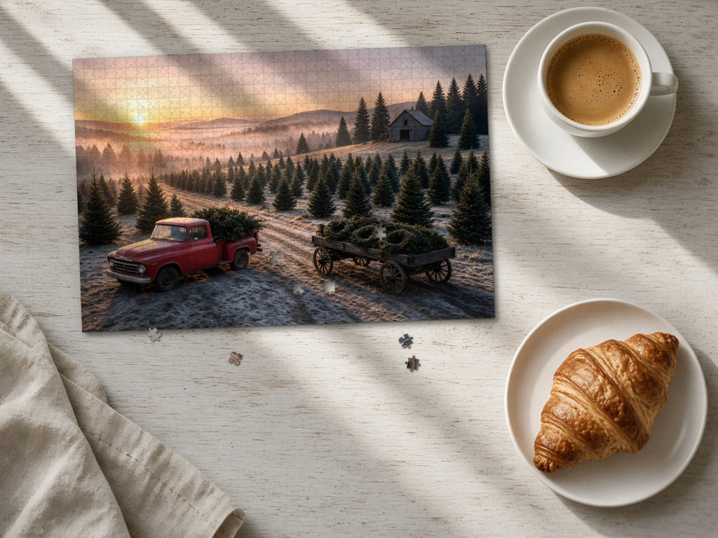 The Morning the Trees Went Home 1014 piece puzzle laid flat on a pale wood table in morning sun beside a cappuccino and a croissant