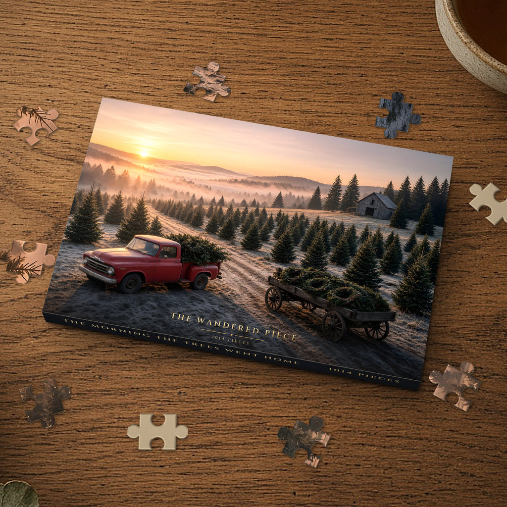 The Morning the Trees Went Home 1014 piece puzzle box on a wood table with loose pieces, box design shown for illustration