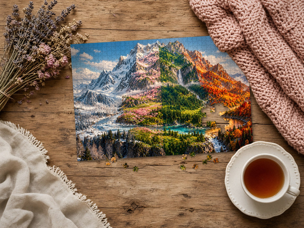 The Mountain That Keeps All Four Seasons 1014 piece puzzle assembled on a rustic wood table with dried lavender, a pink knit blanket, a linen throw and a cup of tea, a few loose pieces nearby
