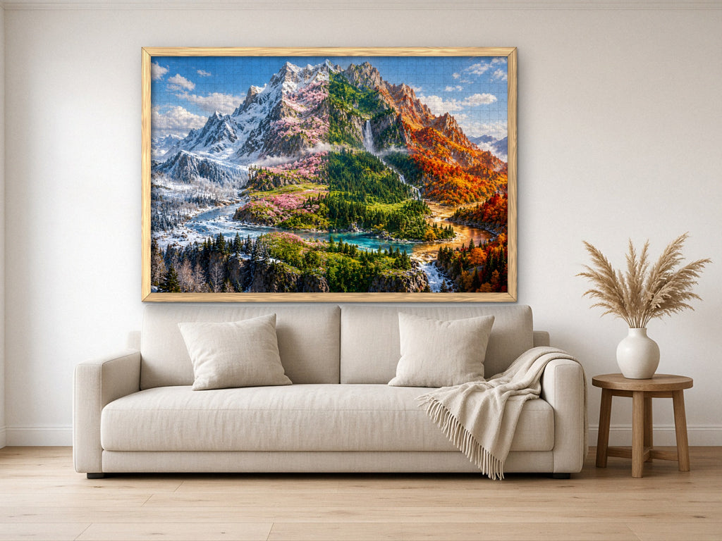 The Mountain That Keeps All Four Seasons 1014 piece puzzle assembled, framed in light wood and hung above a cream sofa, with pampas grass on a side table