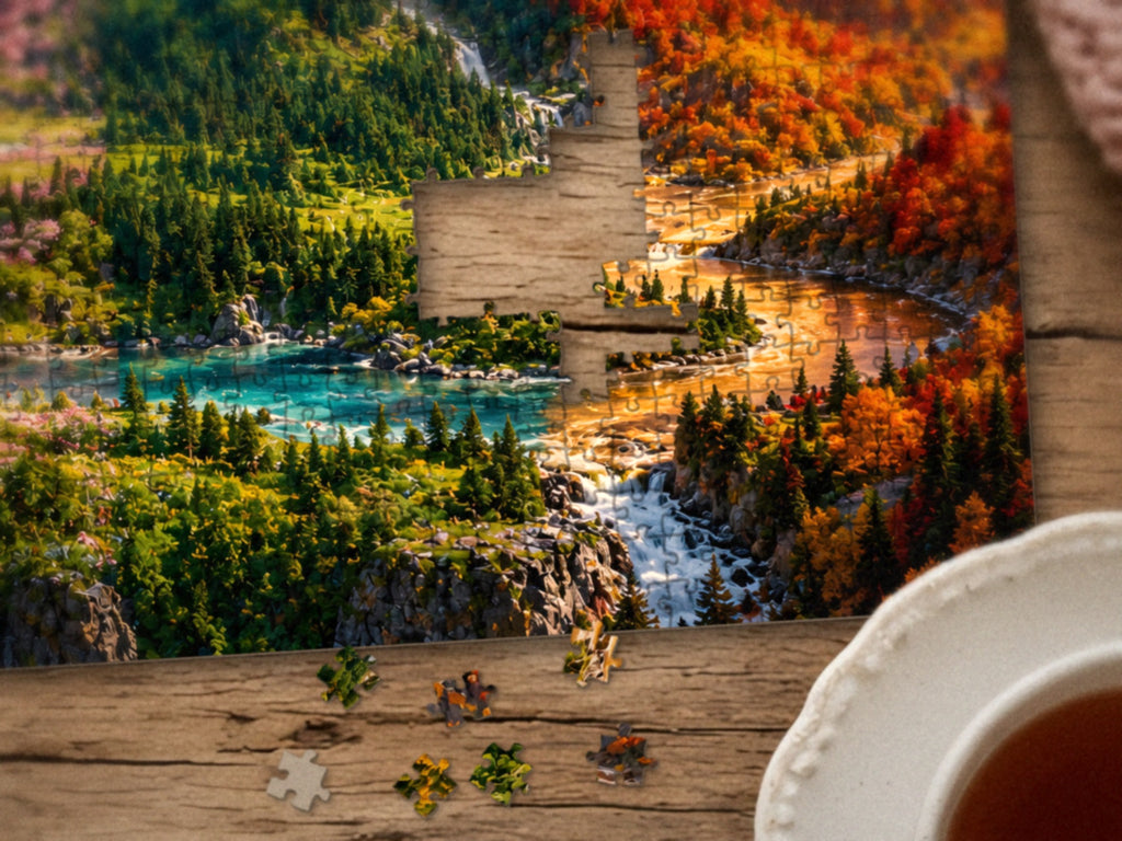 Close-up of the The Mountain That Keeps All Four Seasons puzzle on a wood table showing the turquoise river where the summer and autumn forests meet, a few pieces still missing, next to a teacup