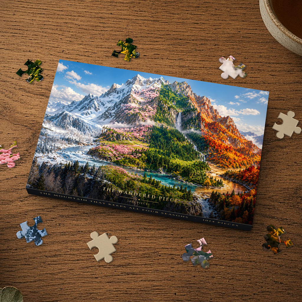 The Mountain That Keeps All Four Seasons 1014 piece puzzle box on a wood table with loose pieces, box design shown for illustration