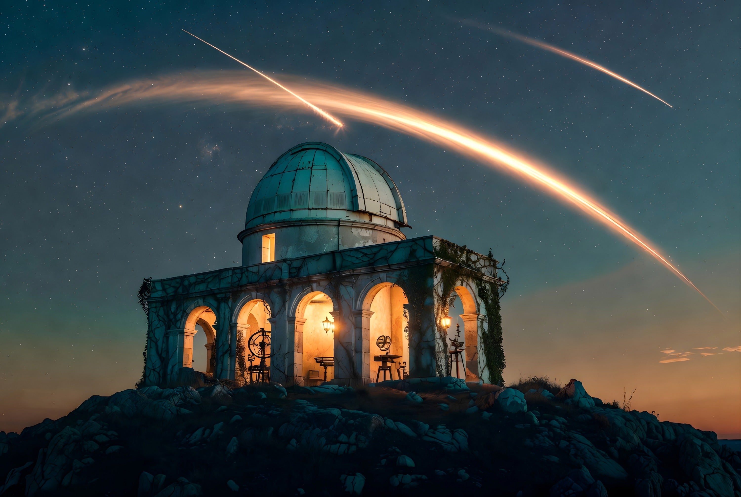 A crumbling stone observatory dome rising above morning fog with a misty valley below — atmospheric art puzzle by The Wandered Piece