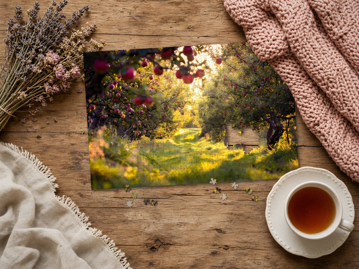 The Orchard Before the Harvest 1014 piece puzzle assembled on a rustic wood table with dried lavender, a pink knit blanket, a linen throw and a cup of tea, a few loose pieces nearby