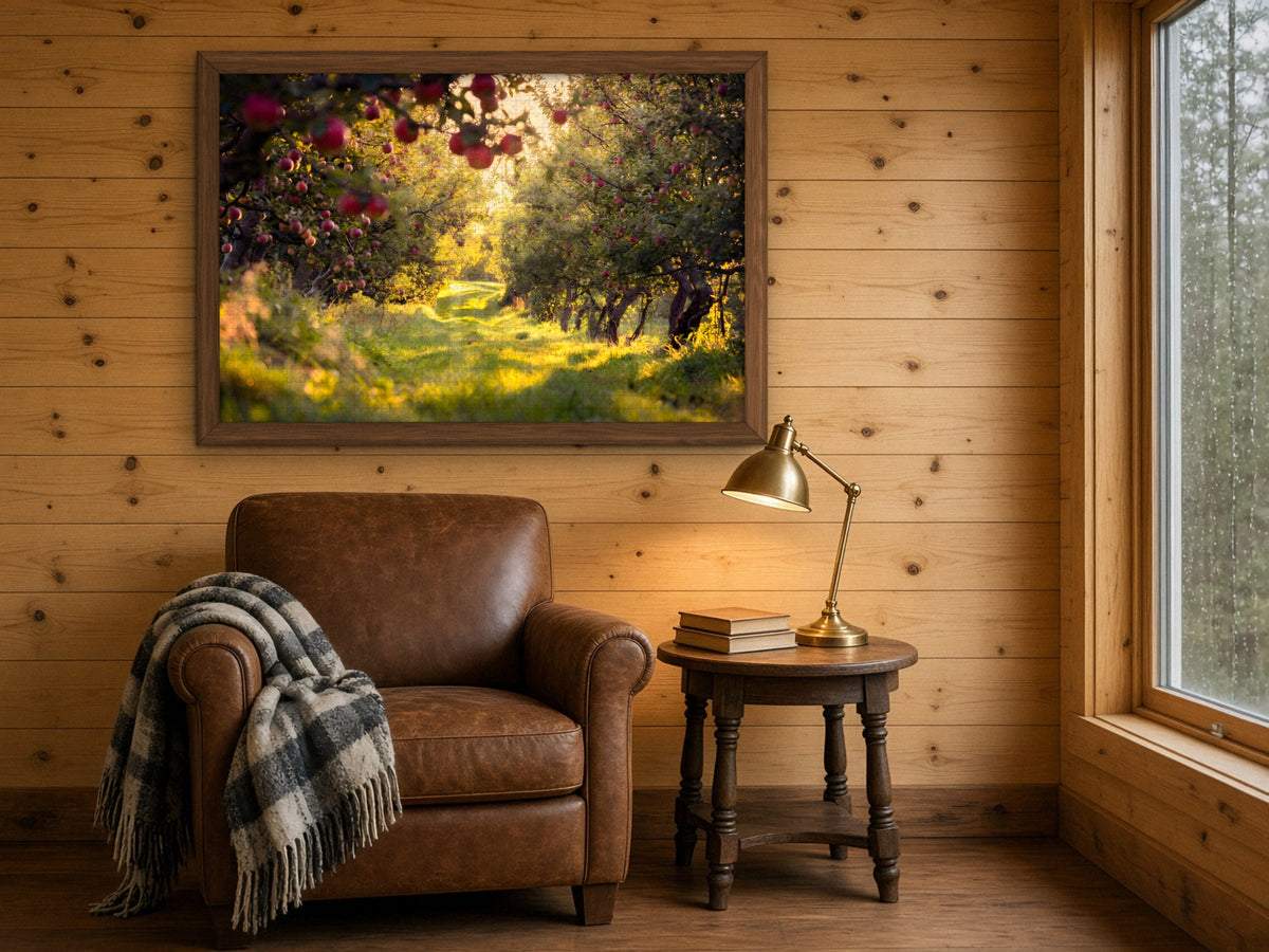 The Orchard Before the Harvest 1014 piece puzzle assembled and framed on a knotty pine wall above a leather armchair with a plaid throw and a brass reading lamp