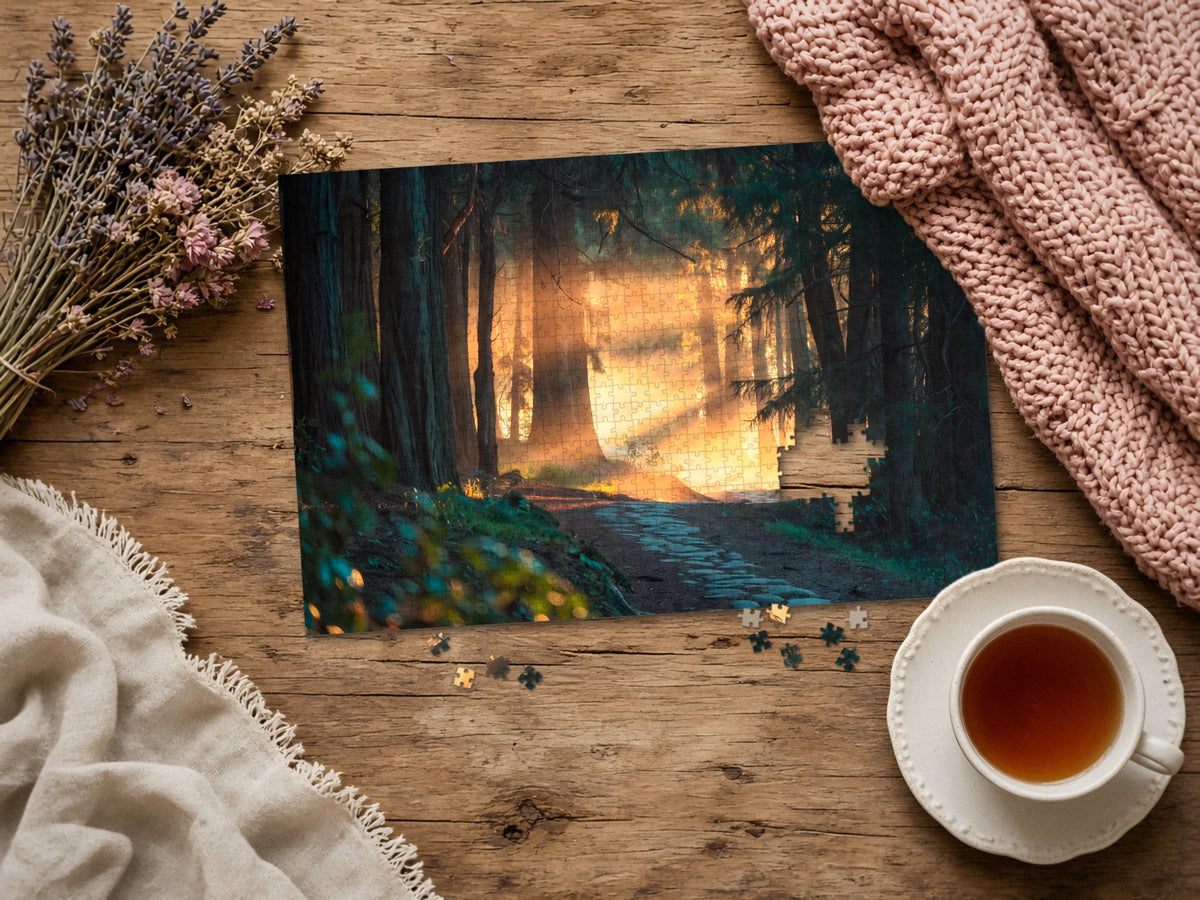 The Path the Giants Lit 1014 piece puzzle assembled on a rustic wood table with dried lavender, a pink knit blanket, a linen throw and a cup of tea, a few loose pieces nearby