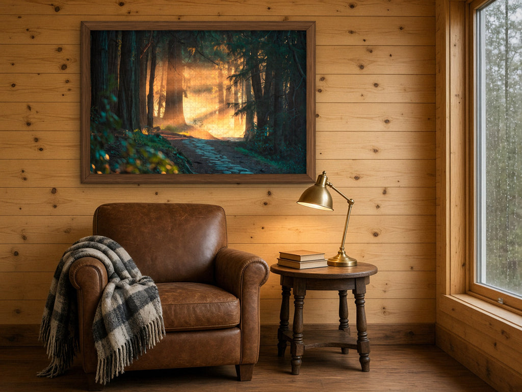 The Path the Giants Lit 1014 piece puzzle assembled and framed on a knotty pine wall above a leather armchair with a plaid throw and a brass reading lamp