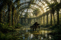 The Piano the Garden Kept art puzzle: a grand piano standing in shallow water inside an old overgrown glasshouse, palms and vines climbing the iron ribs and golden light falling through the glass