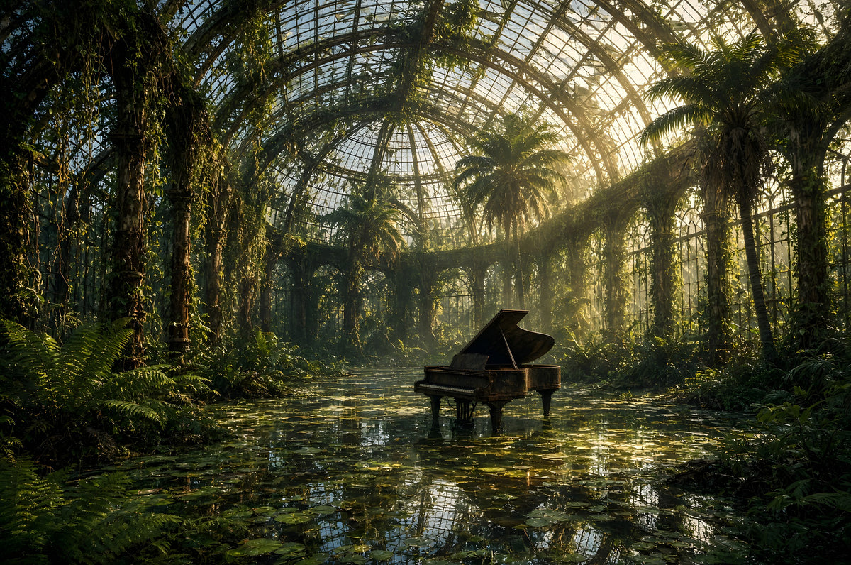 The Piano the Garden Kept art puzzle: a grand piano standing in shallow water inside an old overgrown glasshouse, palms and vines climbing the iron ribs and golden light falling through the glass