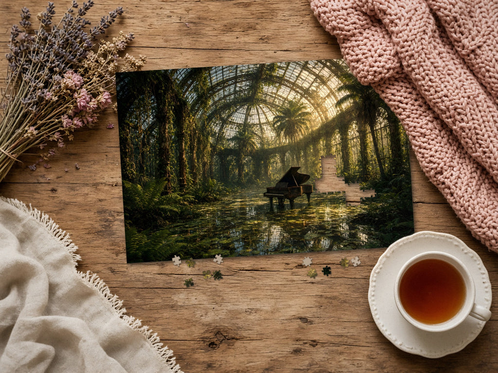 The Piano the Garden Kept 1014 piece puzzle assembled on a rustic wood table with dried lavender, a pink knit blanket, a linen throw and a cup of tea, a few loose pieces nearby