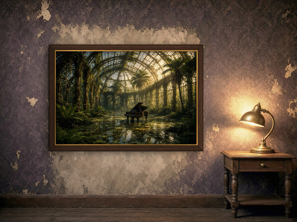 The Piano the Garden Kept 1014 piece puzzle assembled, framed in dark wood on a worn plaster wall lit by a brass lamp