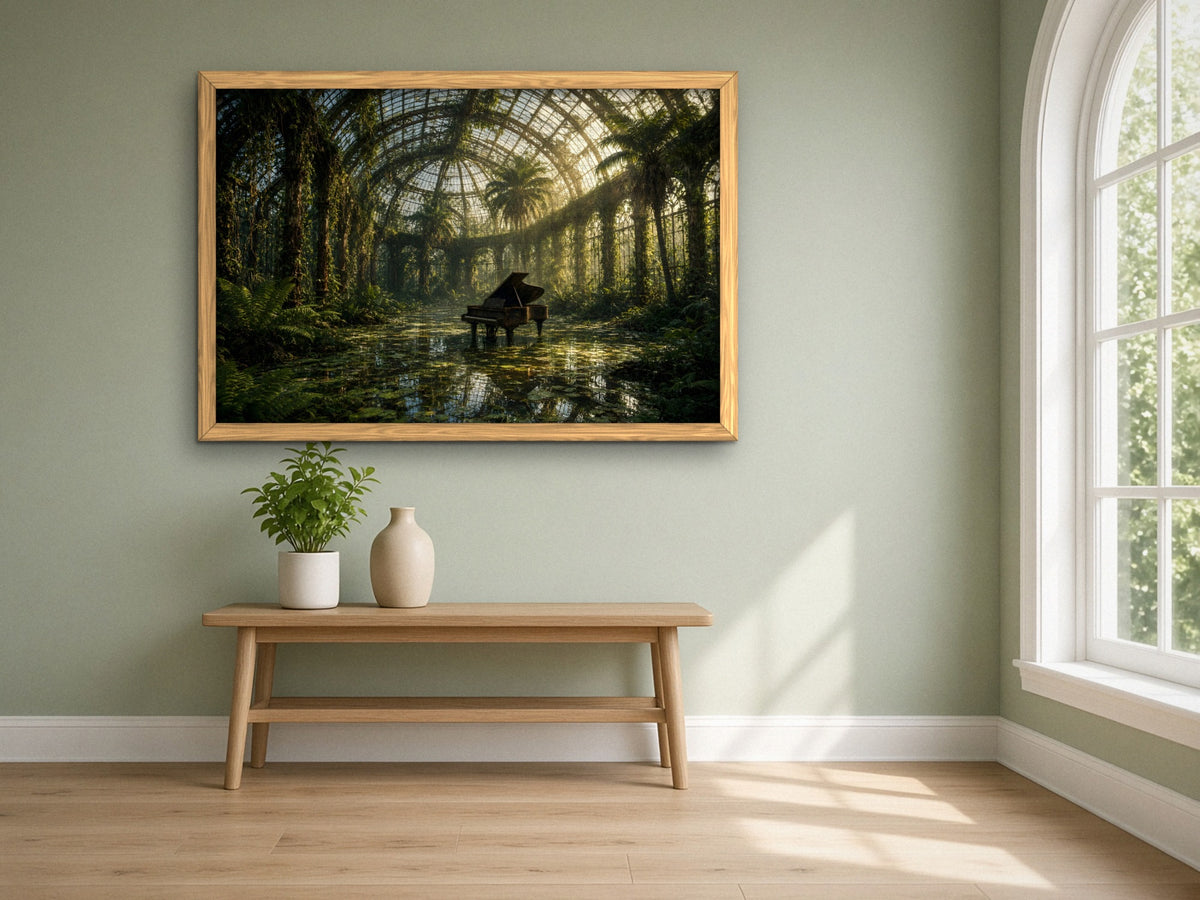 The Piano the Garden Kept 1014 piece puzzle assembled, framed in light wood on a sage green wall above a wooden bench, next to a tall arched window