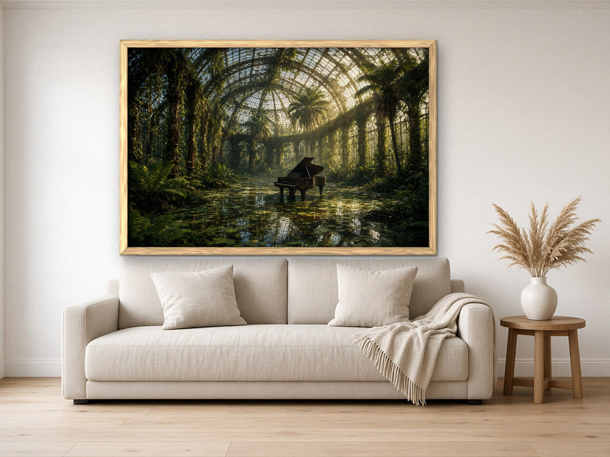 The Piano the Garden Kept 1014 piece puzzle assembled, framed in light wood and hung above a cream sofa, with pampas grass on a side table