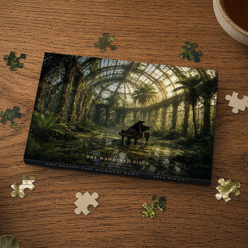 The Piano the Garden Kept 1014 piece puzzle box on a wood table with loose pieces, box design shown for illustration