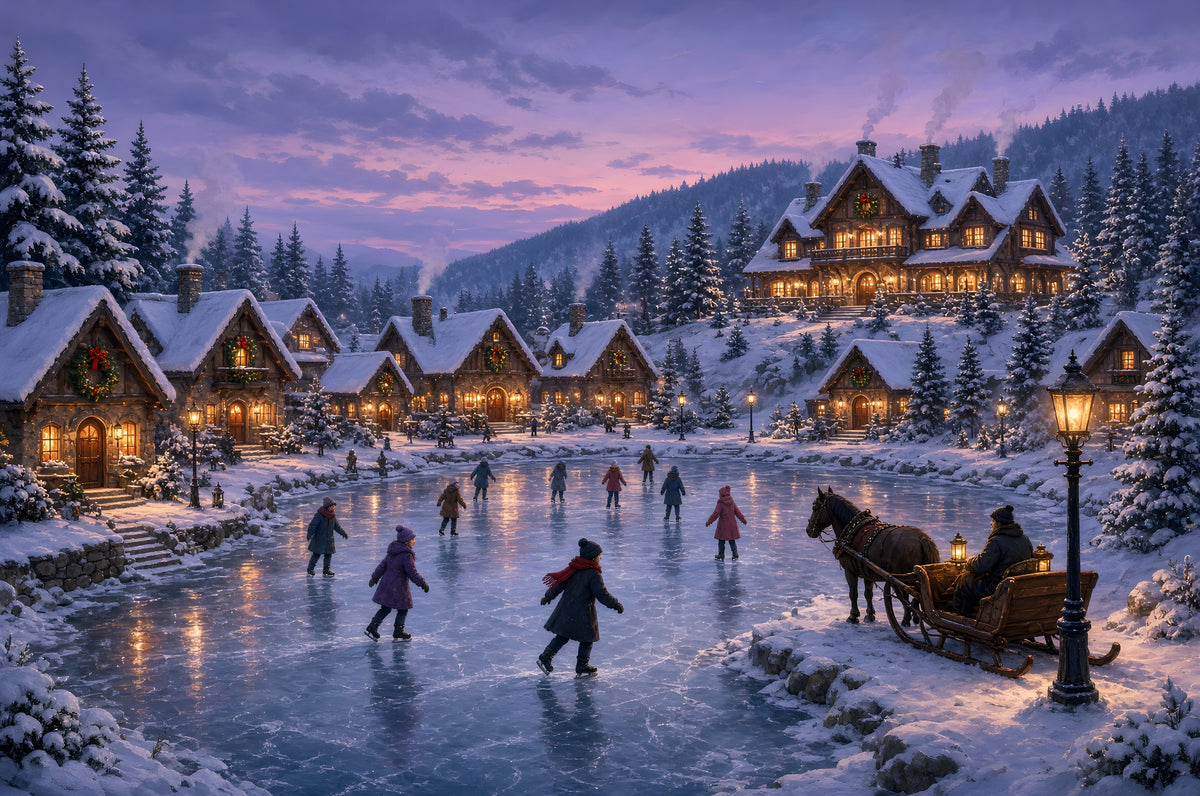 The Pond Where the Sleigh Comes Home art puzzle: skaters on a frozen pond at dusk, a horse-drawn sleigh waiting by a lamppost, wreathed stone cottages and a large lodge glowing on a snowy hill under a violet sky