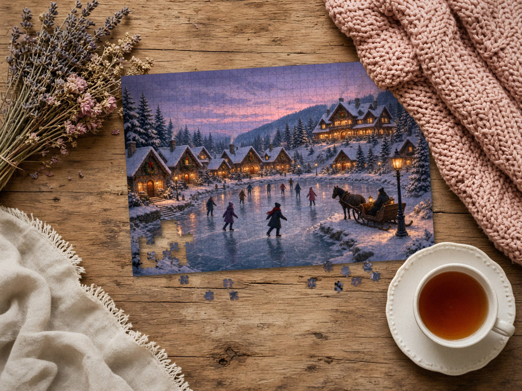 The Pond Where the Sleigh Comes Home 1014 piece puzzle assembled on a rustic wood table with dried lavender, a pink knit blanket, a linen throw and a cup of tea, a few loose pieces nearby
