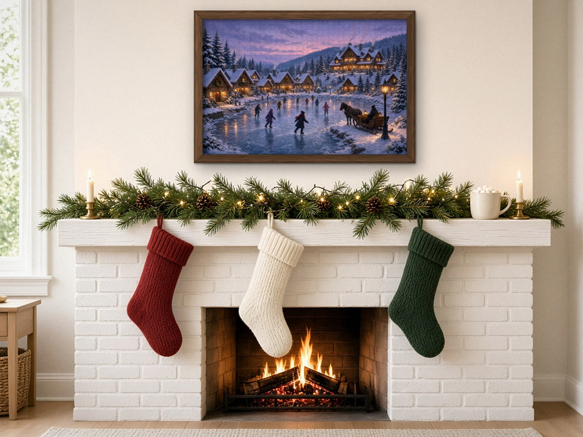 The Pond Where the Sleigh Comes Home 1014 piece puzzle assembled, framed in dark wood above a white brick fireplace with a pine garland and red, cream and green stockings