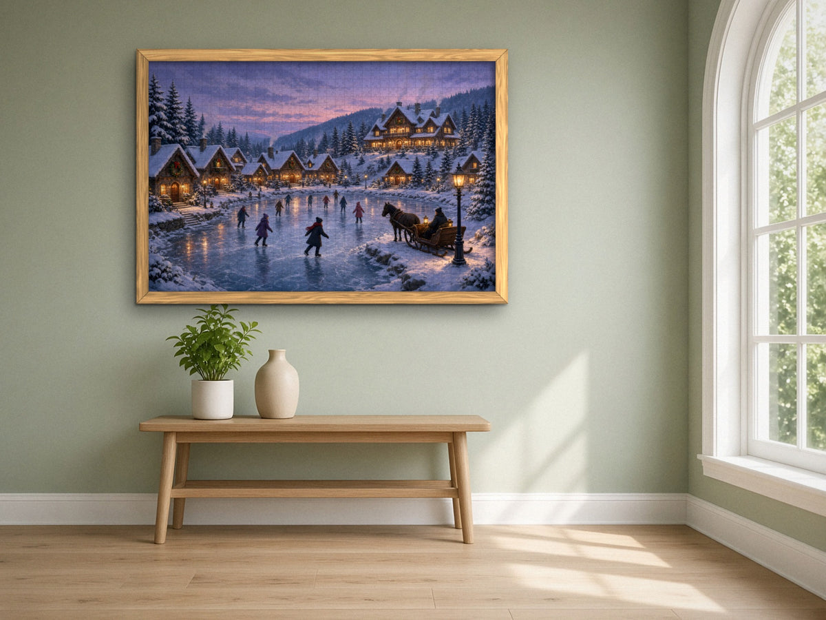 The Pond Where the Sleigh Comes Home 1014 piece puzzle assembled, framed in light wood on a sage green wall above a wooden bench, next to a tall arched window