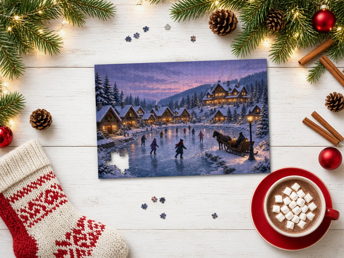 The Pond Where the Sleigh Comes Home 1014 piece puzzle on a white wood table with pine branches, fairy lights, pinecones, red ornaments, cinnamon sticks, a knit stocking and a mug of cocoa with marshmallows