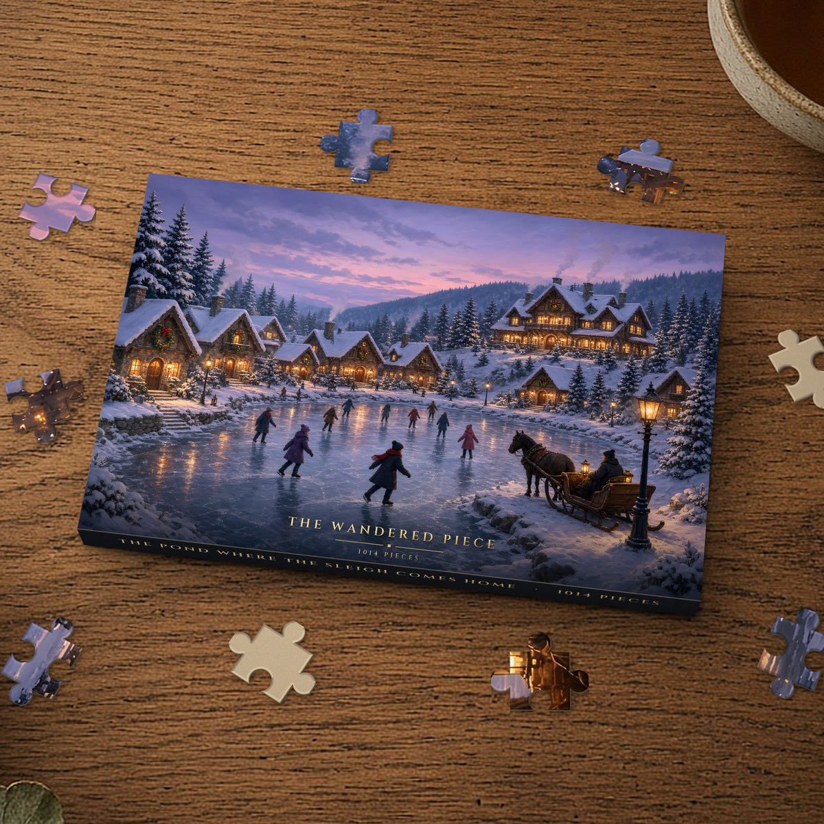 The Pond Where the Sleigh Comes Home 1014 piece puzzle box on a wood table with loose pieces, box design shown for illustration