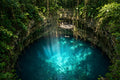 The Pool the Jungle Kept Secret art puzzle: a hidden jungle cenote seen from above, a rope swing hanging from a wooden platform, vines falling from the rim and shafts of sunlight lighting the teal water