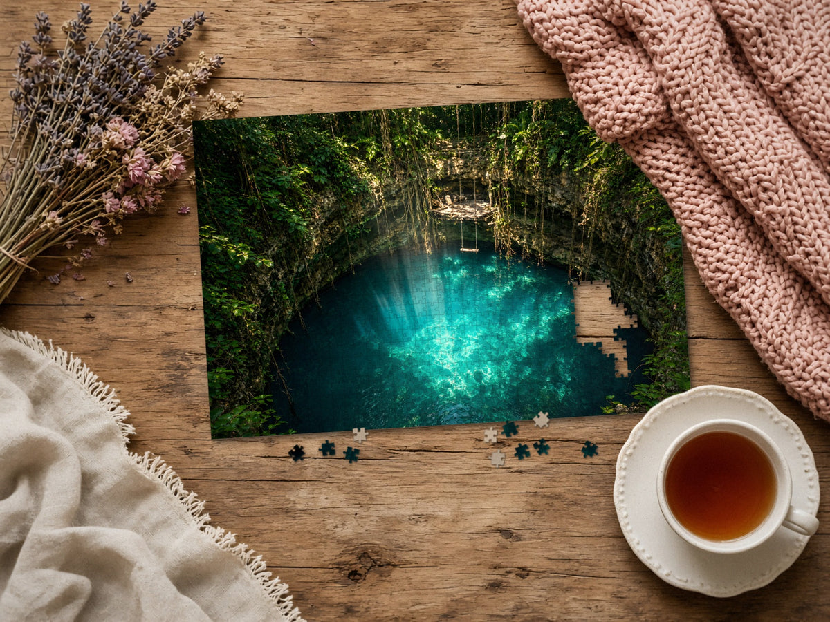 The Pool the Jungle Kept Secret 1014 piece puzzle assembled on a rustic wood table with dried lavender, a pink knit blanket, a linen throw and a cup of tea, a few loose pieces nearby