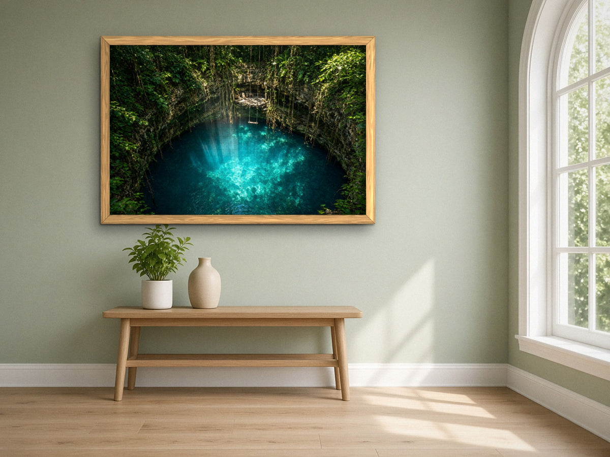 The Pool the Jungle Kept Secret 1014 piece puzzle assembled, framed in light wood on a sage green wall above a wooden bench, next to a tall arched window