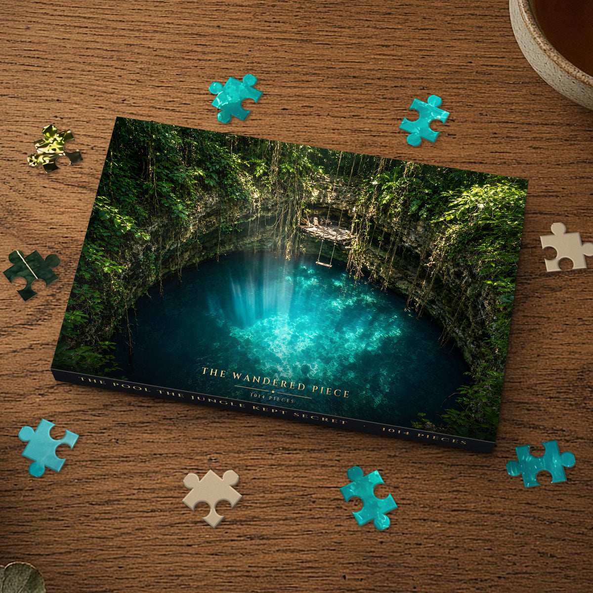 The Pool the Jungle Kept Secret 1014 piece puzzle box on a wood table with loose pieces, box design shown for illustration