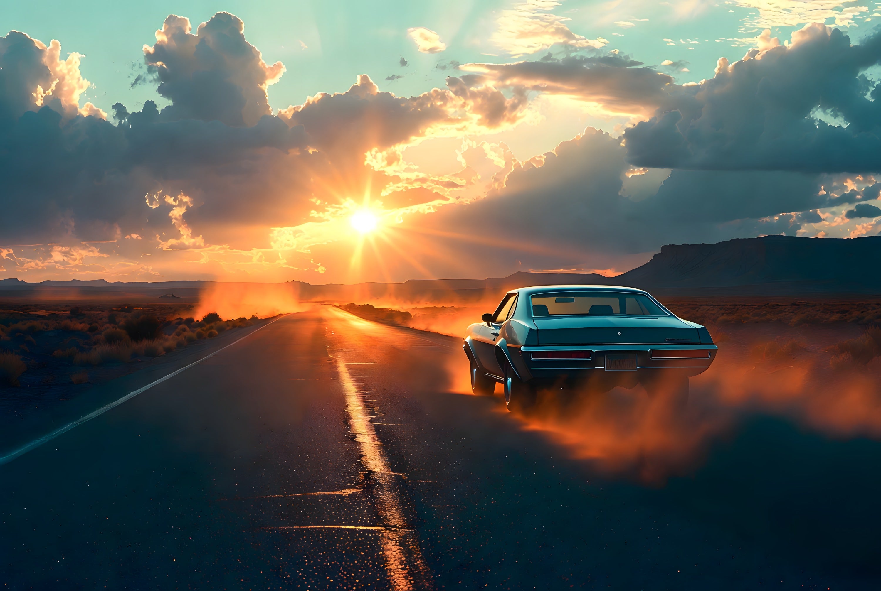 An open desert highway stretching toward a detonating golden sun over mesa country — cinematic art puzzle by The Wandered Piece