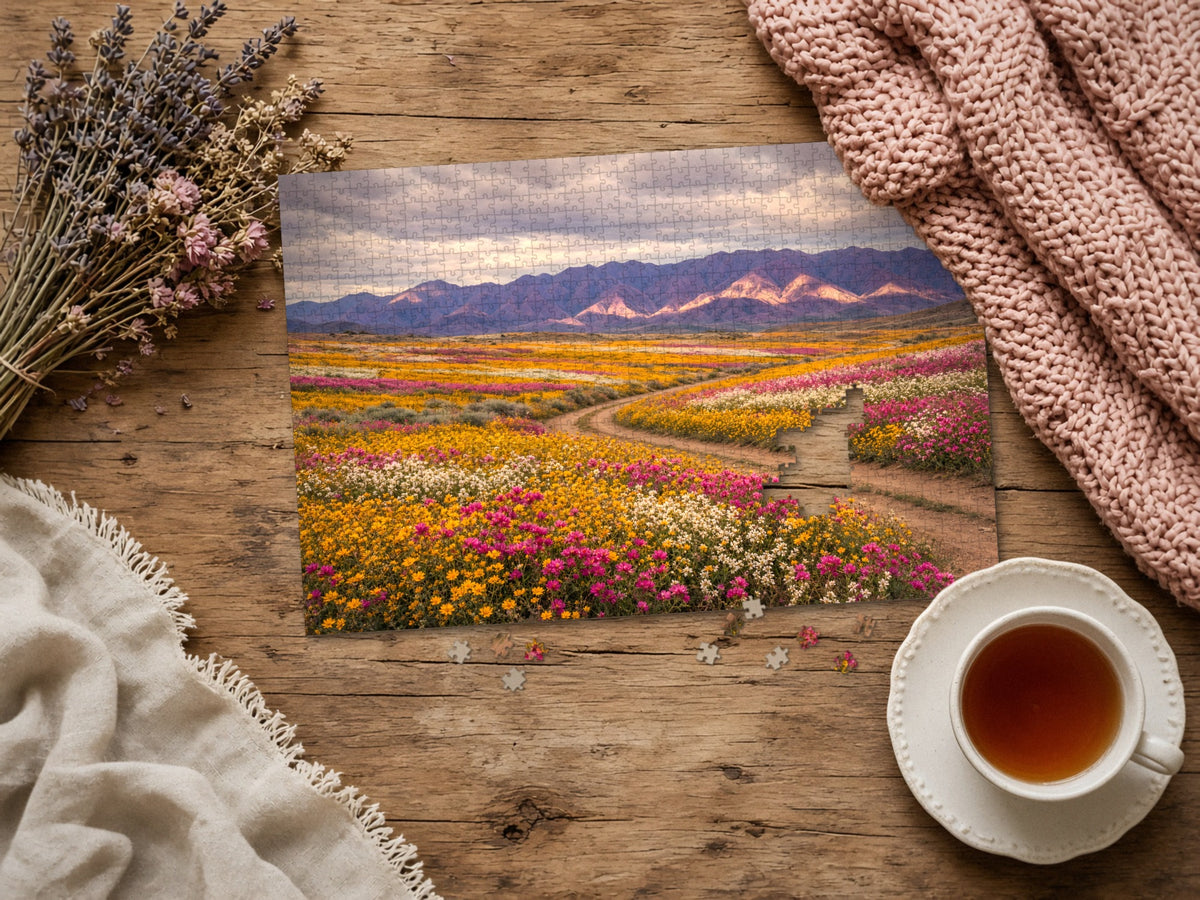 The Road Through the Desert in Bloom 1014 piece puzzle assembled on a rustic wood table with dried lavender, a pink knit blanket, a linen throw and a cup of tea, a few loose pieces nearby
