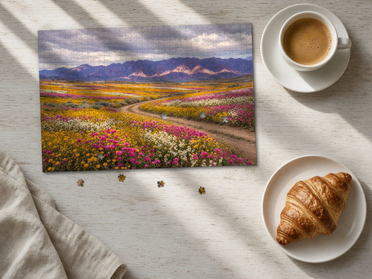 The Road Through the Desert in Bloom 1014 piece puzzle laid flat on a pale wood table in morning sun beside a cappuccino and a croissant