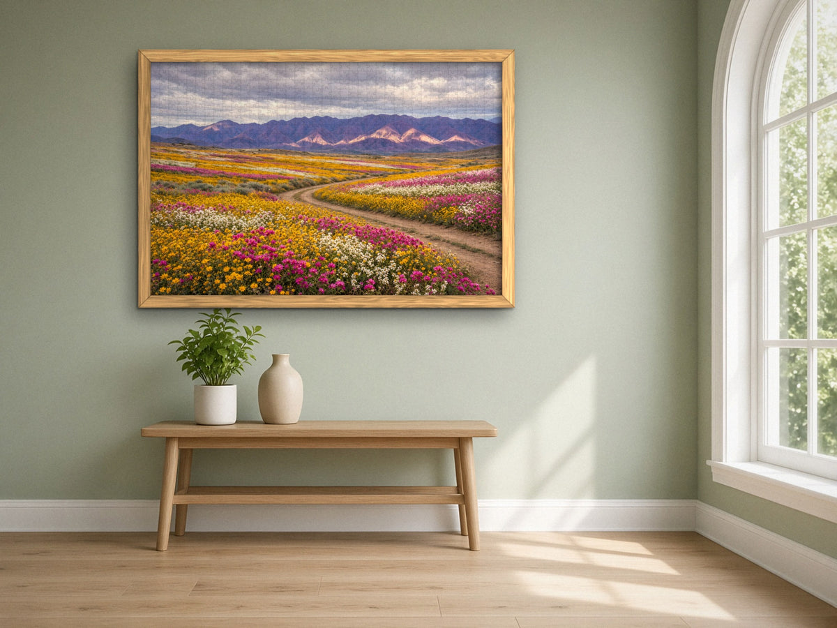 The Road Through the Desert in Bloom 1014 piece puzzle assembled, framed in light wood on a sage green wall above a wooden bench, next to a tall arched window