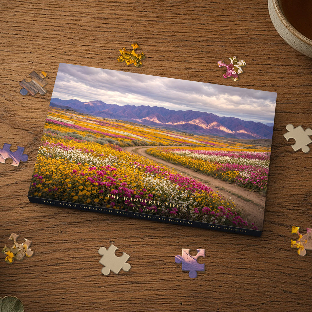 The Road Through the Desert in Bloom 1014 piece puzzle box on a wood table with loose pieces, box design shown for illustration