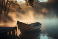 The Rowboat in the Amber Mist art puzzle: a wooden rowboat tied to an old dock on a still lake, amber mist rising off the water beneath autumn trees
