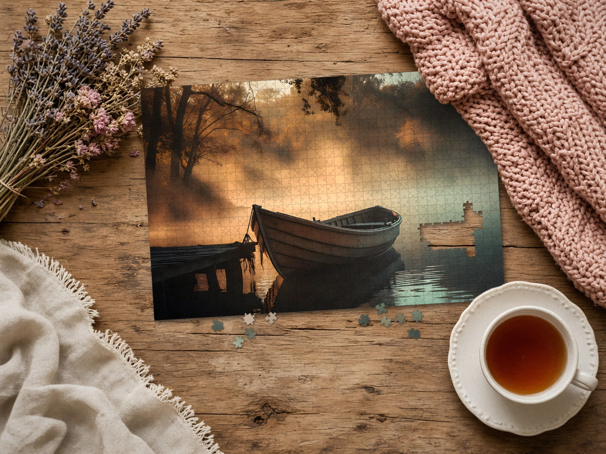 The Rowboat in the Amber Mist 1014 piece puzzle assembled on a rustic wood table with dried lavender, a pink knit blanket, a linen throw and a cup of tea, a few loose pieces nearby