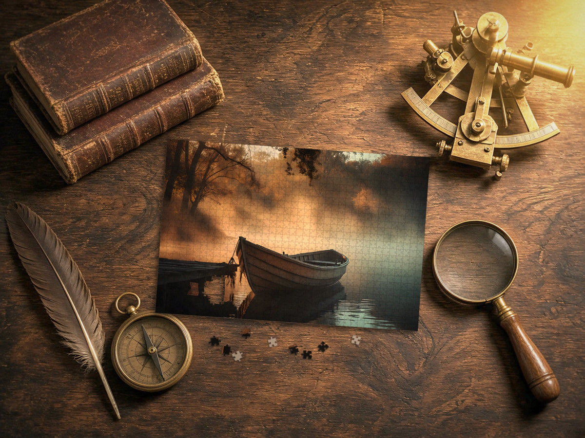 The Rowboat in the Amber Mist 1014 piece puzzle laid on a dark wood desk with old leather books, a brass sextant, a compass, a quill and a magnifying glass