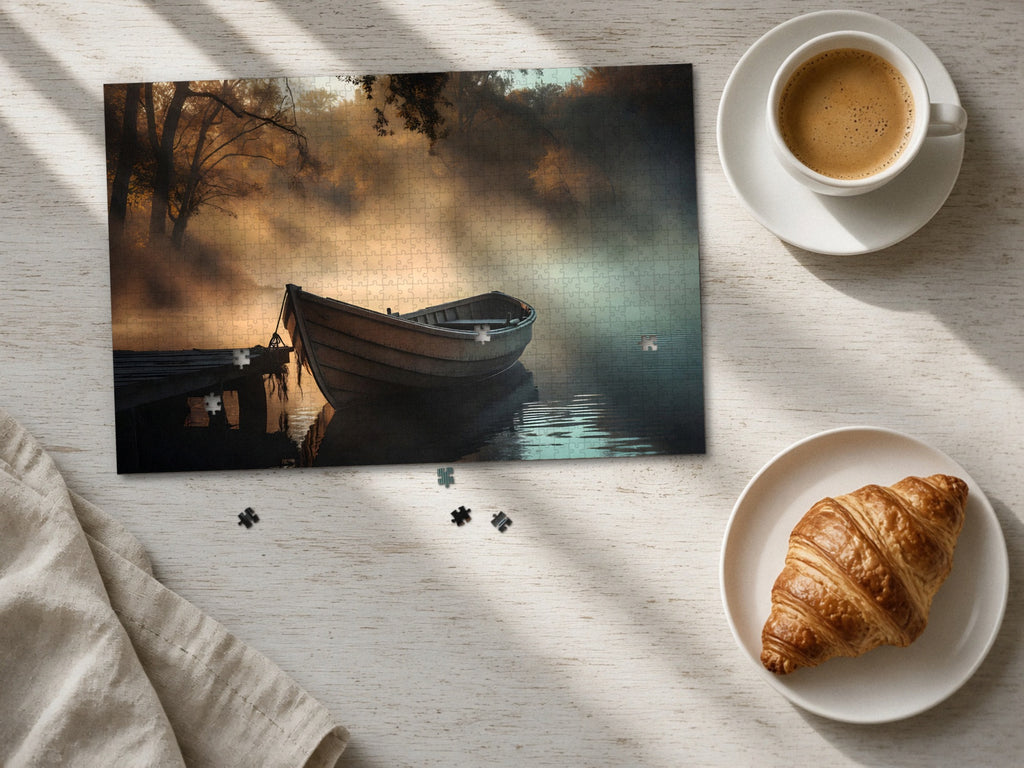 The Rowboat in the Amber Mist 1014 piece puzzle laid flat on a pale wood table in morning sun beside a cappuccino and a croissant