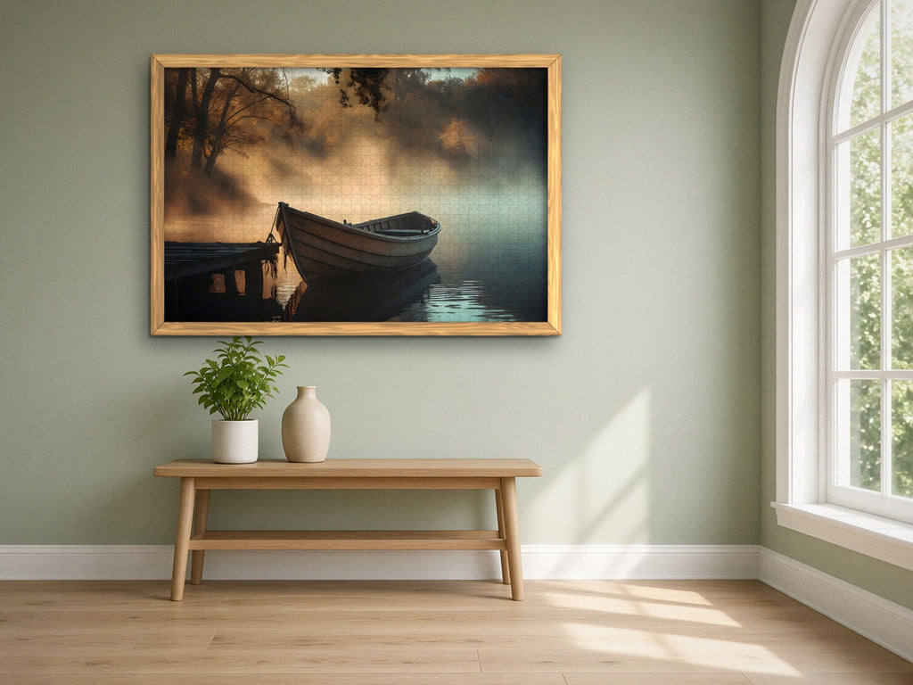 The Rowboat in the Amber Mist 1014 piece puzzle assembled, framed in light wood on a sage green wall above a wooden bench, next to a tall arched window