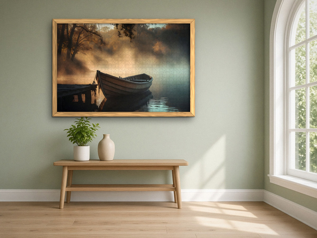 The Rowboat in the Amber Mist 1014 piece puzzle assembled, framed in light wood on a sage green wall above a wooden bench, next to a tall arched window