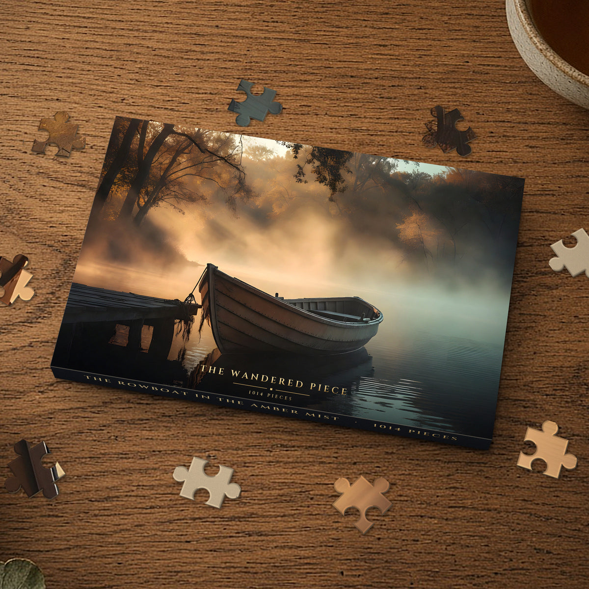 The Rowboat in the Amber Mist 1014 piece puzzle box on a wood table with loose pieces, box design shown for illustration
