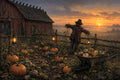 The Scarecrow Who Kept the Last Light art puzzle: a scarecrow in a pumpkin patch at sundown beside a weathered red barn, crows lined along the roof, lanterns lit on the fence and a wheelbarrow full of squash